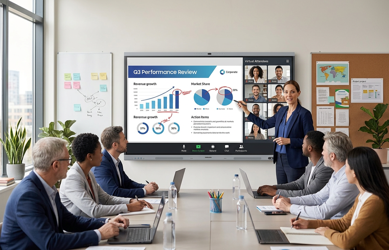 A natural, candid photograph of a busy modern office meeting room, showing a presenter actively usin