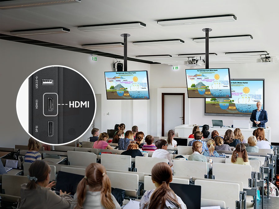 Suasana ruang kelas dengan beberapa layar yang menampilkan konten serupa melalui fungsi HDMI Out dari layar utama, memastikan visual terlihat jelas oleh seluruh siswa.