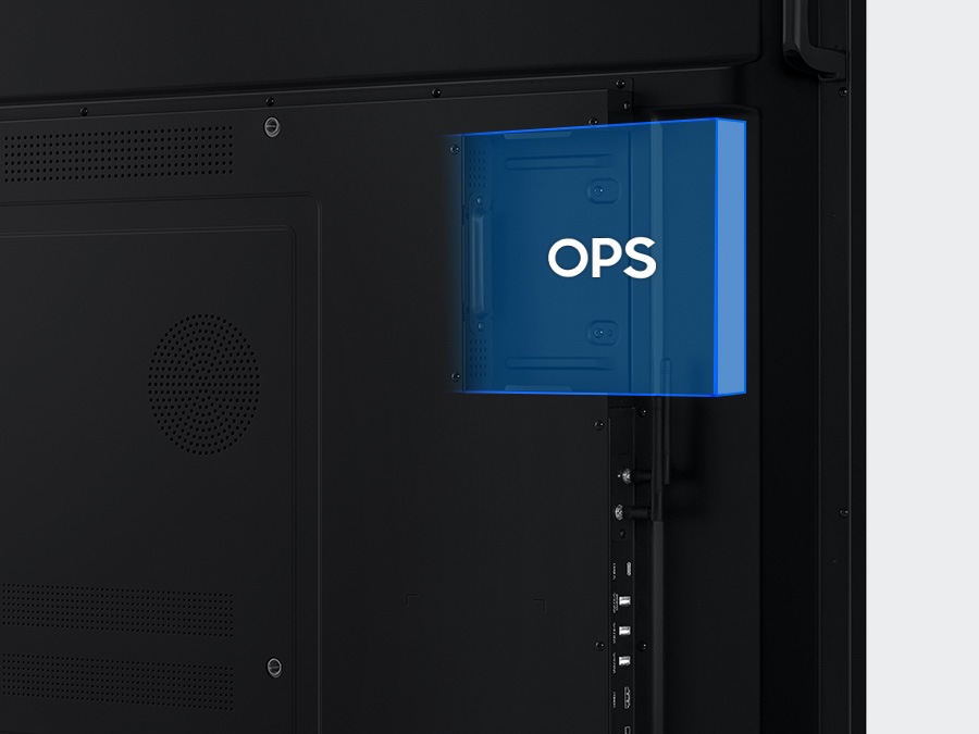 Bagian belakang layar dengan slot OPS yang disorot warna biru, menunjukkan opsi konektivitas modular.